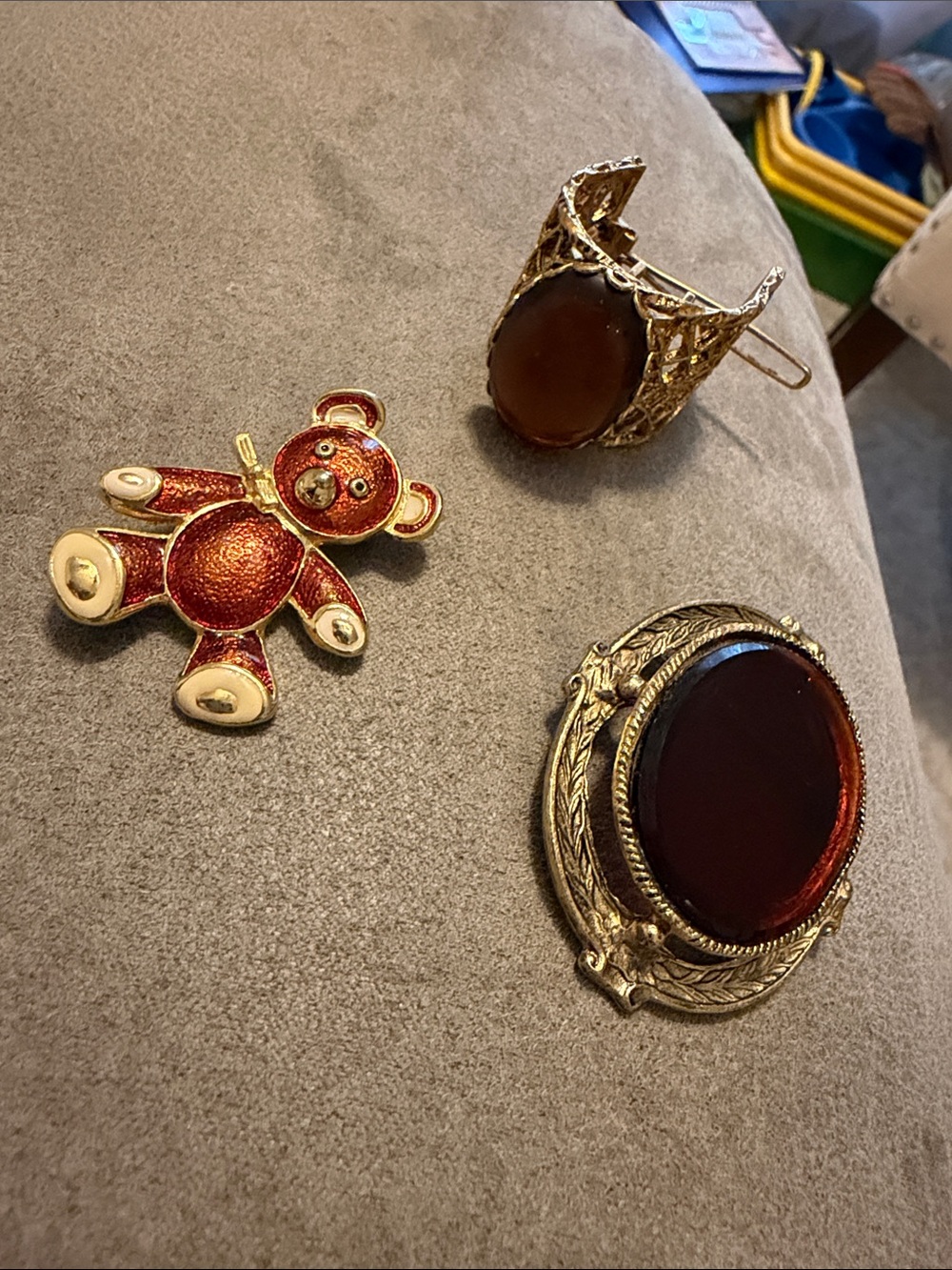 Vintage Brooch Lot – 3 Pieces Gold Tone, Cabochon & Teddy Bear